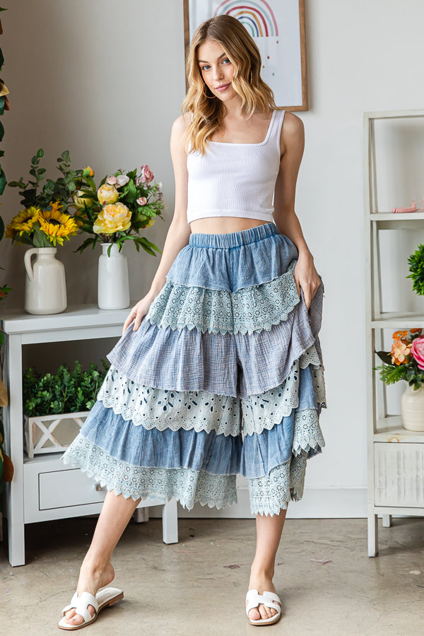 WASHED MIX MEDIA TIERED WIDE LEG CROPPED PANTS