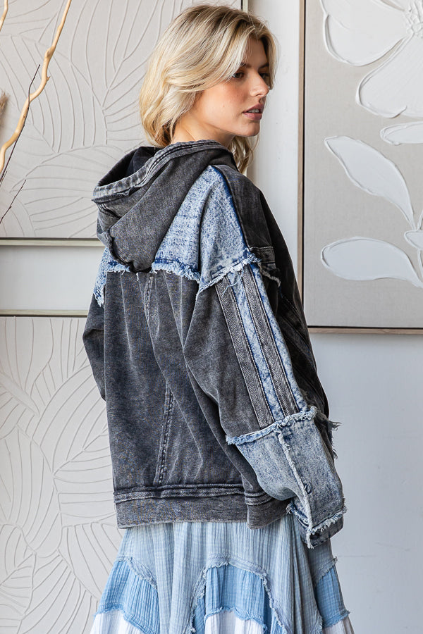 WASHED MIXED DENIM HOODED PULLOVER TOP