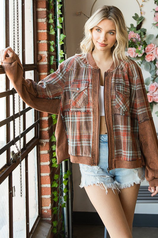 WASHED MIXED MEDIA PLAID ZIP FRONT JACKET