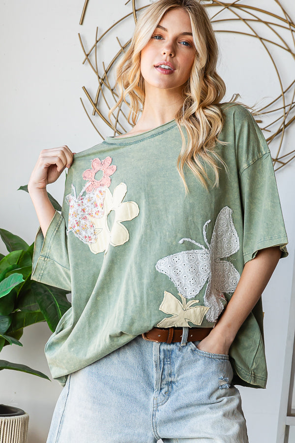 WASHED FLOWER BUTTERFLY PATCHWORK SHORT SLEEVE TOP