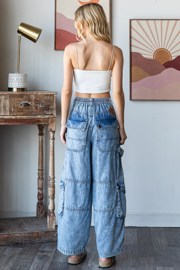 WASHED 3D POCKETS WIDE LEG CARGO DENIM PANTS