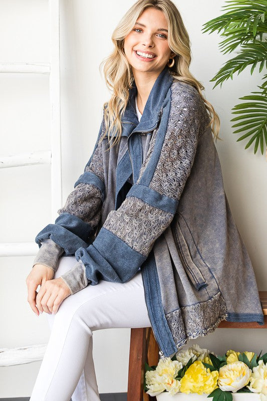WASHED MIX MEDIA CROCHET LACE FRENCH TERRY JACKET