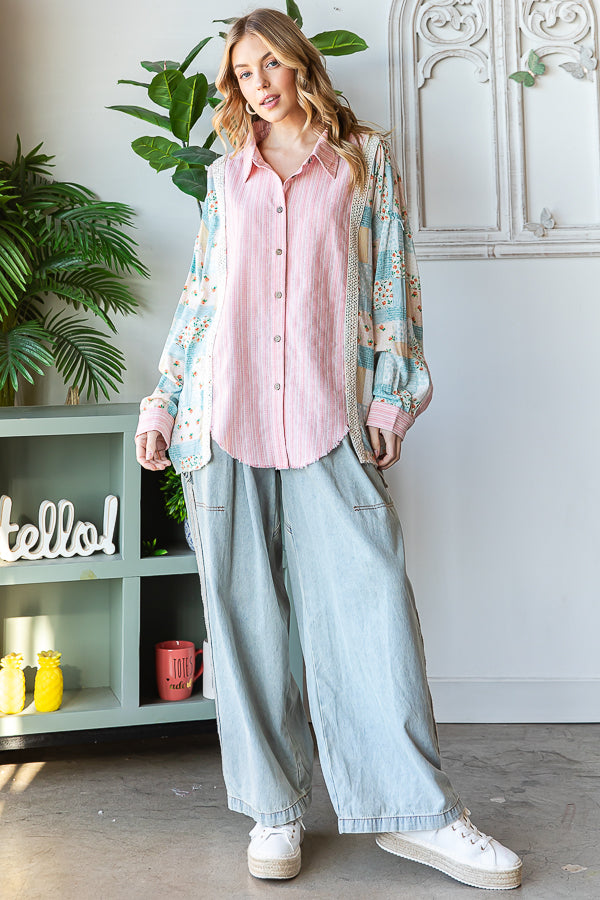 WASHED MIX MEDIA STRIPED BUTTON DOWN SHIRT