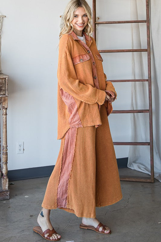 WASHED ELASTIC WAIST BAND WIDE LEG CROPPED PANTS