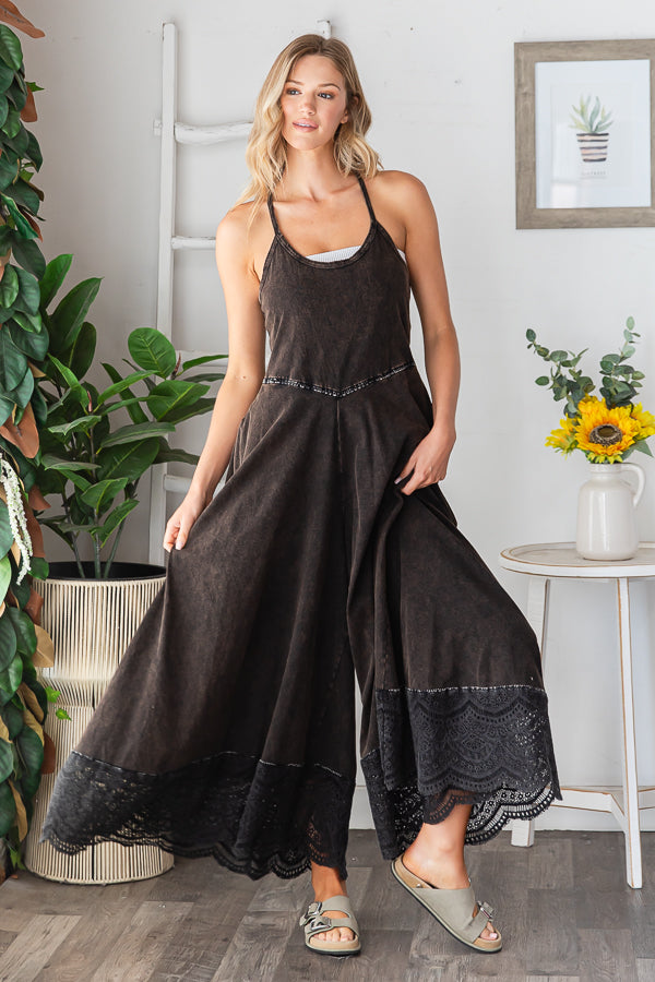 WASHED KEYHOLE BACK DETAILED WIDE LEG ROMPER