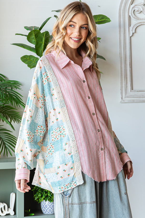 WASHED MIX MEDIA STRIPED BUTTON DOWN SHIRT