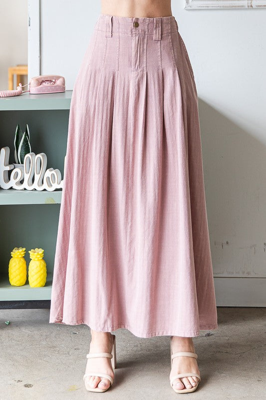 WASHED PLEATED DETAIL FLARE HEM MAXI SKIRT