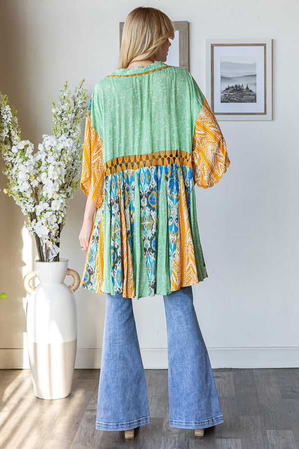 PRINTED MIX KIMONO MINI DRESS