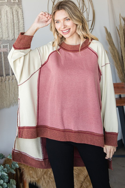 WASHED COLORBLOCK BOXY PULLOVER KNIT TOP