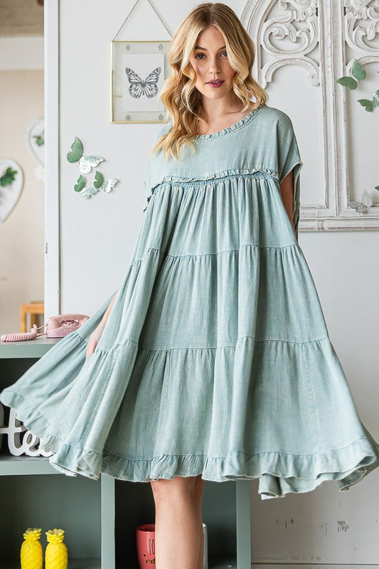 WASHED TIERED RUFFLE HEM BABYDOLL MINI DRESS