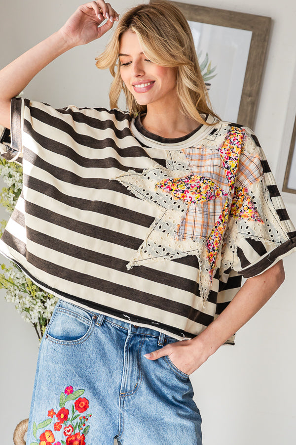 STAR PATCHWORK STRIPED SHORT SLEEVE TOP