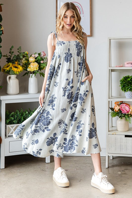 PRINTED TIE STRAPS SMOCKED FRONT MAXI DRESS