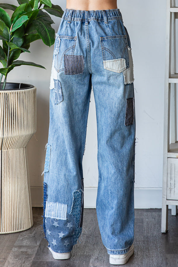 WASHED PATCHWORK DETAIL DENIM JEANS