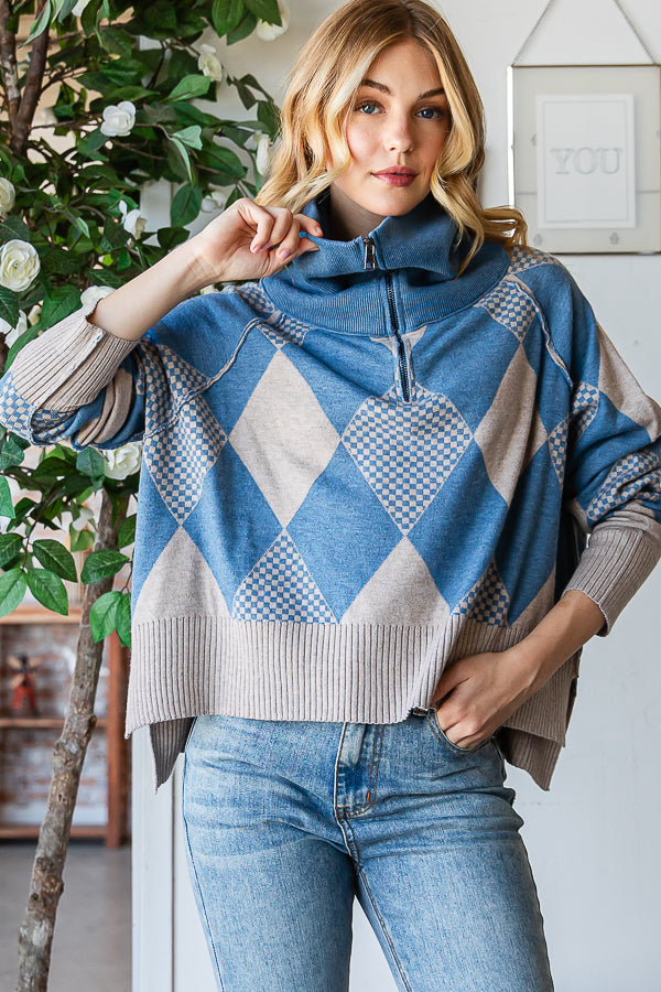 TWO TONE ARGYLE HALF ZIP UP PULLOVER SWEATER TOP