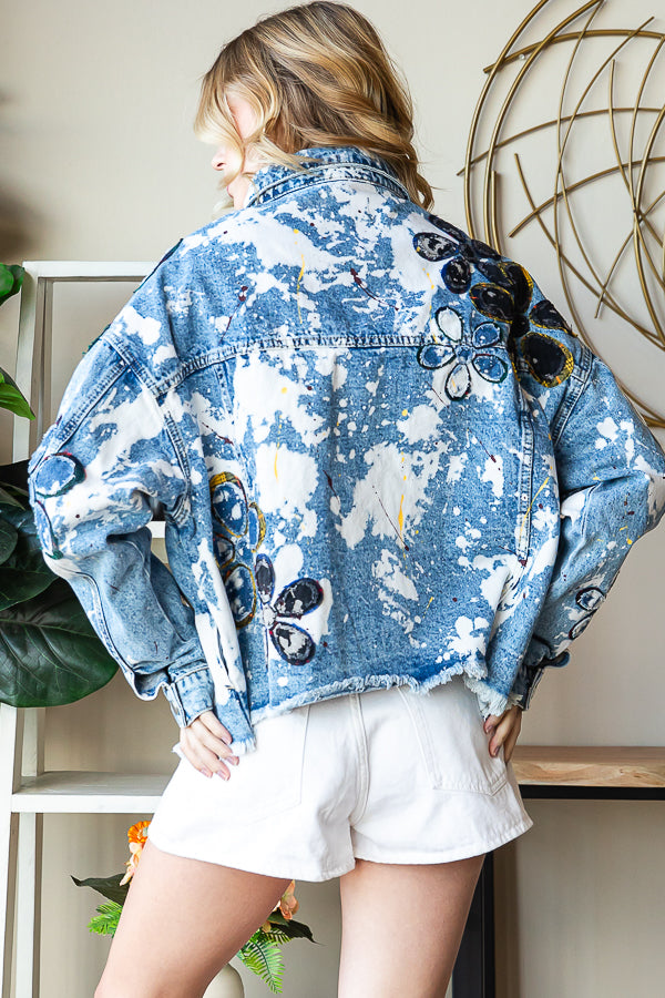 DAISY APPLIQUE DISTRESSED DENIM JACKET