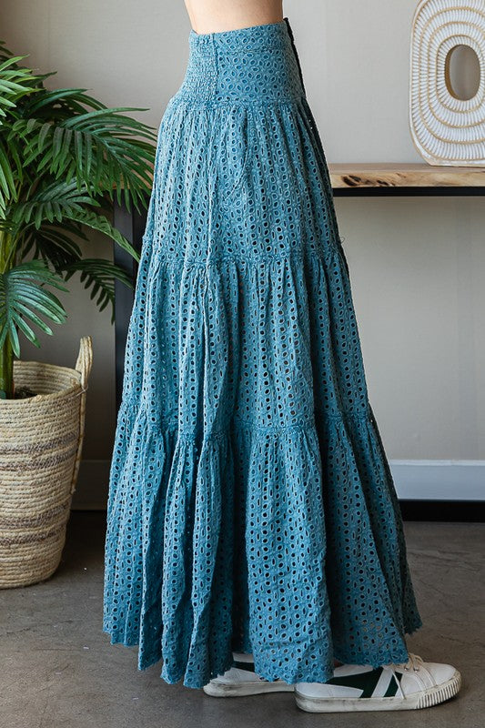 MINERAL WASHED EYELET TIERED MAXI SKIRT