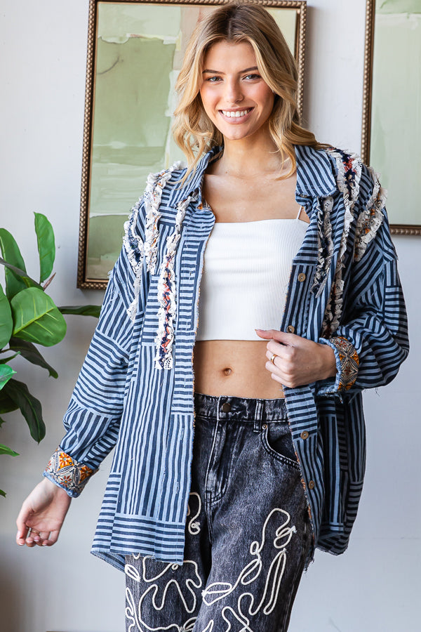 RUFFLE CONTRAST DETAIL STRIPED BUTTON DOWN SHIRT