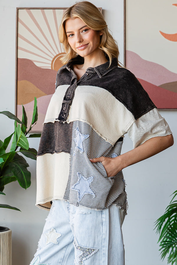 WASHED STAR PATCHWORK HALF COLLARED SHIRT
