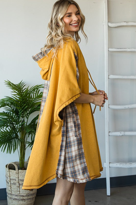 WASHED MIX MEDIA PLAID DETAIL OVERSIZED TUNIC TOP