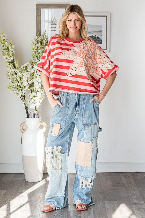 STAR PATCHWORK STRIPED SHORT SLEEVE TOP