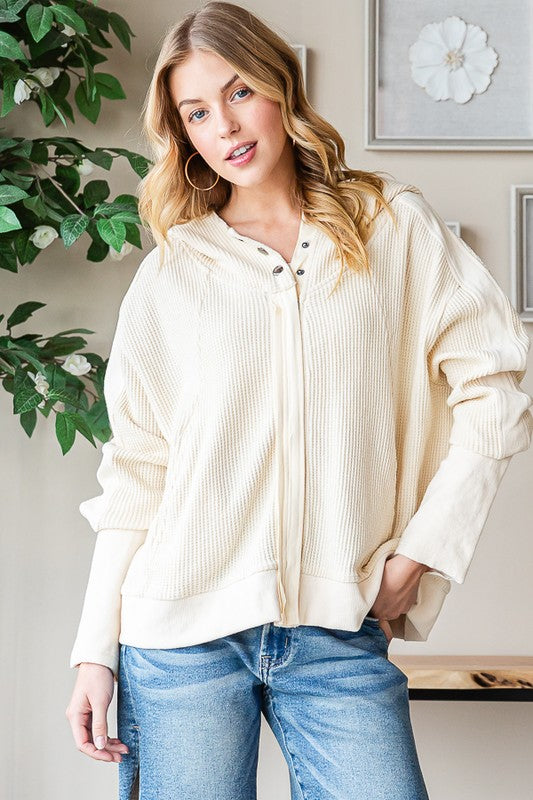 MINERAL WASHED HOODED ZIP FRONT WAFFLE JACKET