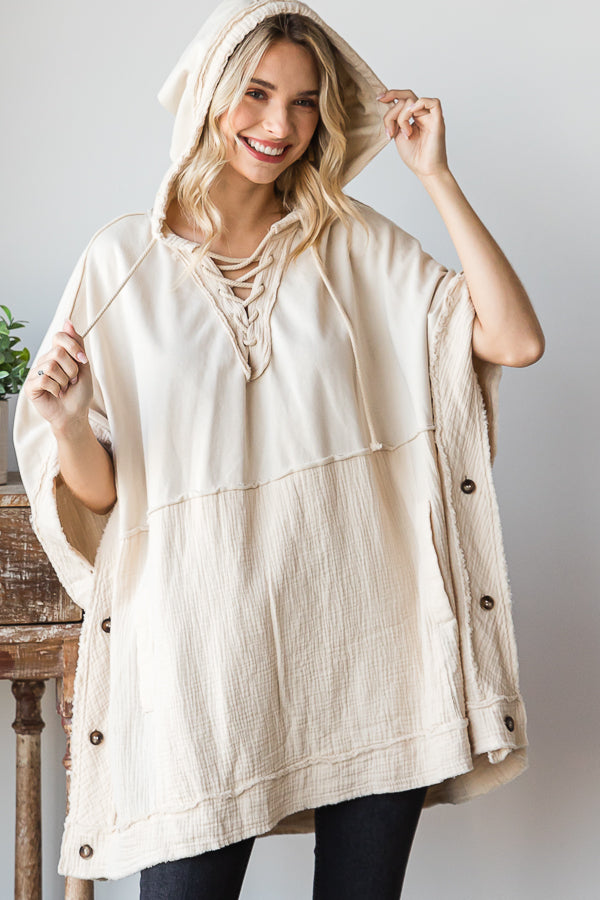 WASHED HOODED BUTTON DETAIL PULLOVER PONCHO