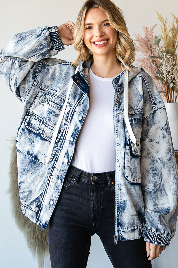 ACID WASHED HOODED DENIM ULITITY JACKET