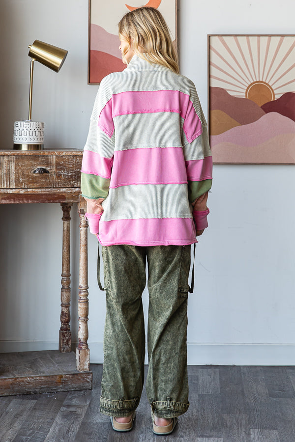 WASHED COLORBLOCK HALF ZIP PULLOVER TOP