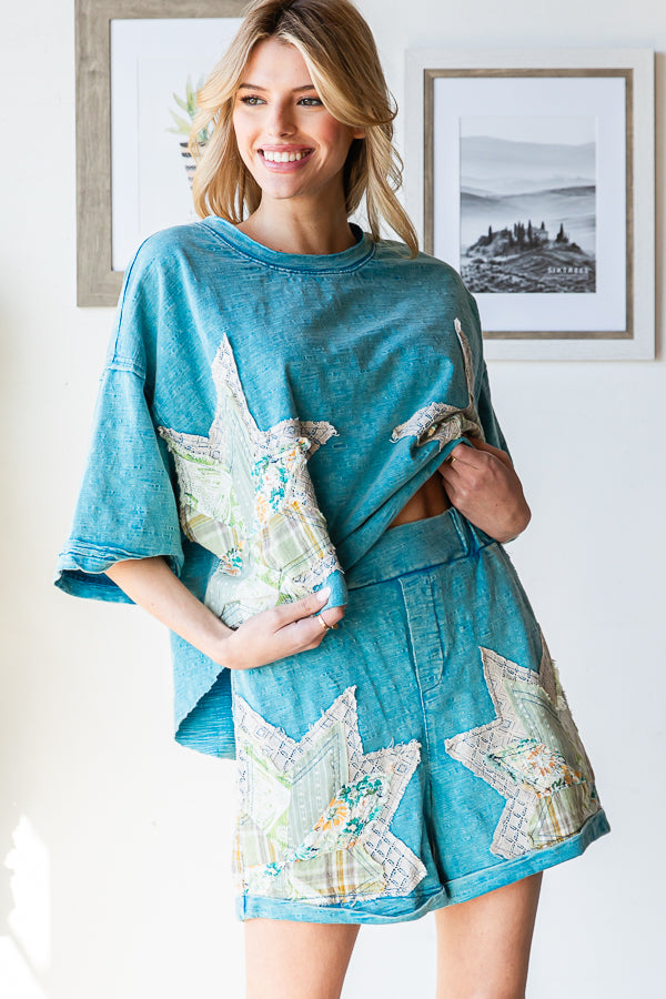 MULTI PRINT STAR PATCHWORK TOP SHORT TWO PIECE SET