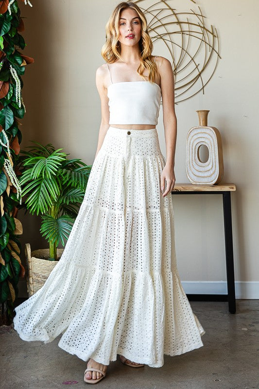 MINERAL WASHED EYELET TIERED MAXI SKIRT
