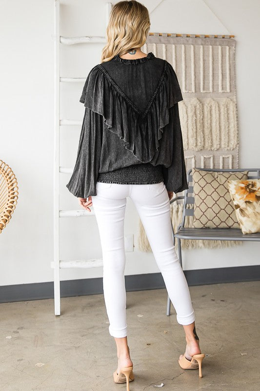 WASHED RUFFLE DETAIL WASHED SMOCKED HEM TOP