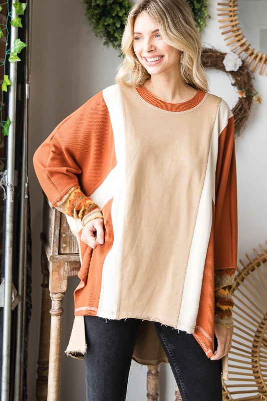 WASHED COLORBLOCK HILOW HEM PULLOVER TOP
