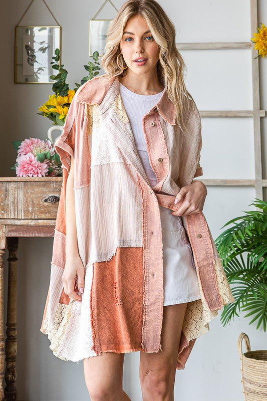 MIX MEDIA MINERAL WASHED SHORT SLEEVE SHIRT DRESS