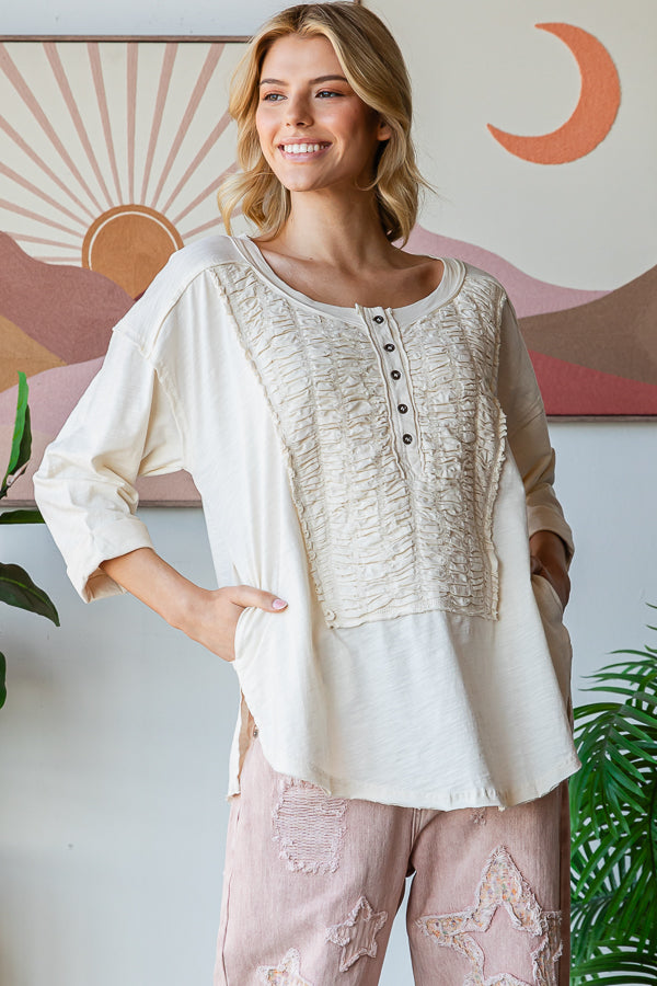 SMOCKED FRONT HENLEY NECK OVERSIZED TOP