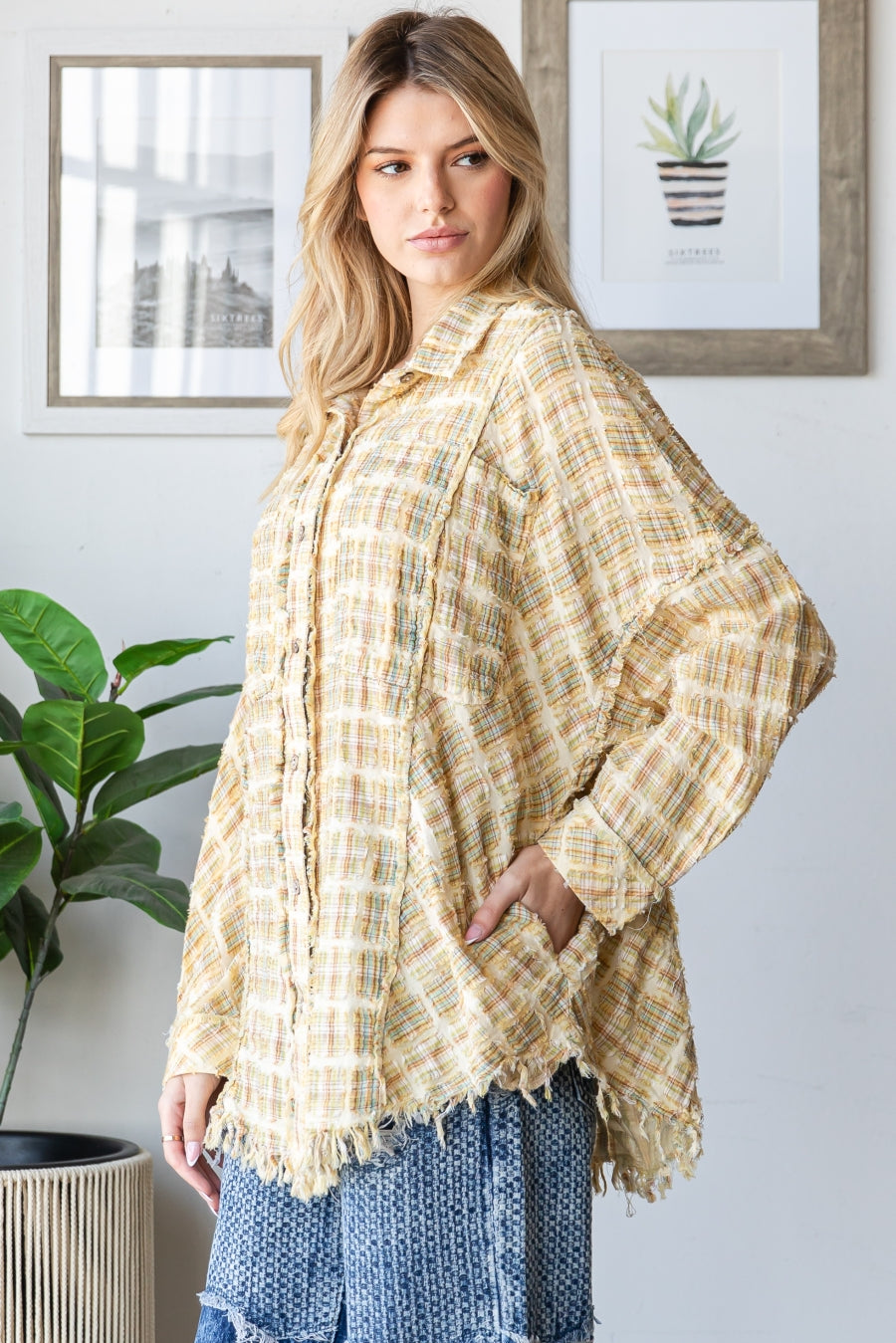 WASHED PLAID MIXED BUTTON DOWN SHIRT TOP