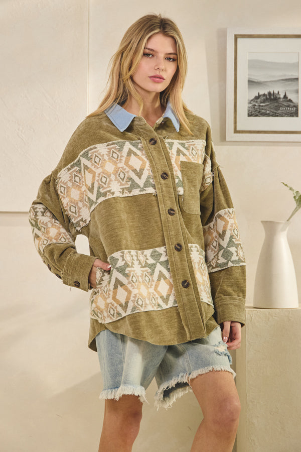 WASHED AZTEC PRINTED MIXED BUTTON DOWN SHACKET