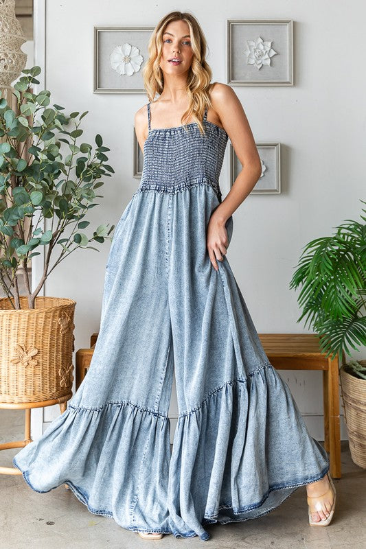 WASHED SMOCKED DETAIL RUFFLE WIDE LEG JUMPSUIT