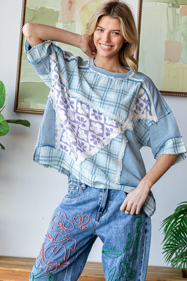 WASHED PRINTED MIX MEDIA SHORT SLEEVE TOP