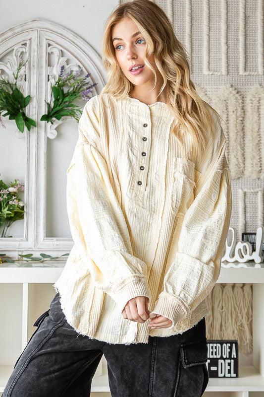 WASHED MANDARIN COLLAR BUTTON OVERSIZED TOP