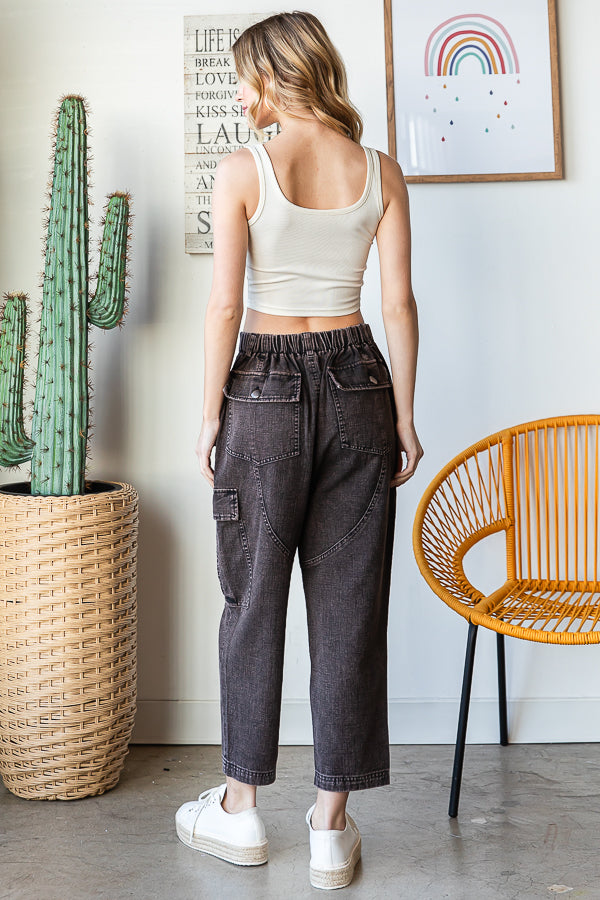 WASHED POCKETS HIGH WAIST CARGO PANTS