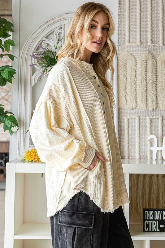 WASHED MANDARIN COLLAR BUTTON OVERSIZED TOP