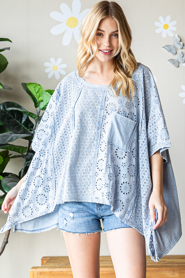 WASHED ASYMMETRICAL HEM OVERSIZED EYELET TOP