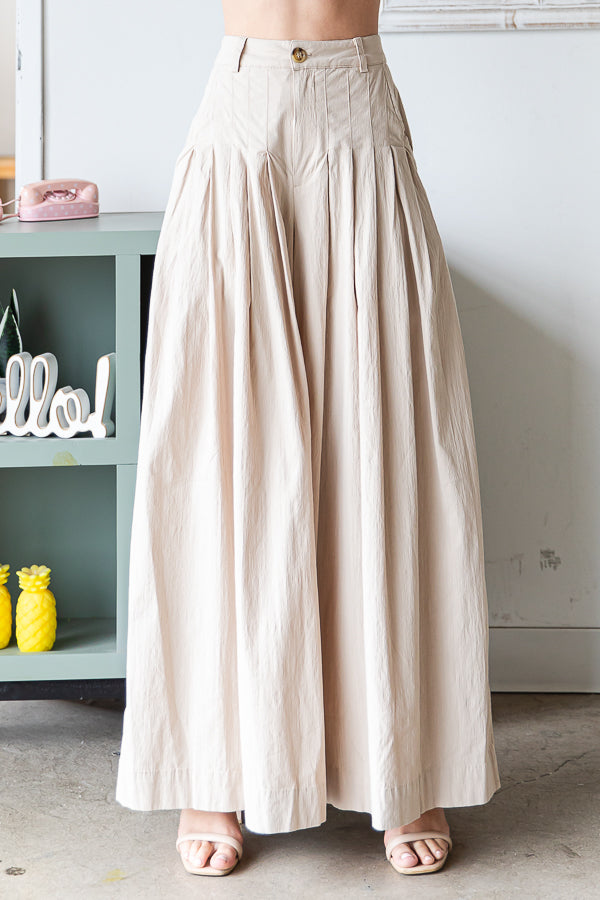 WASHED COTTON PLEATED WIDE LEG PANTS