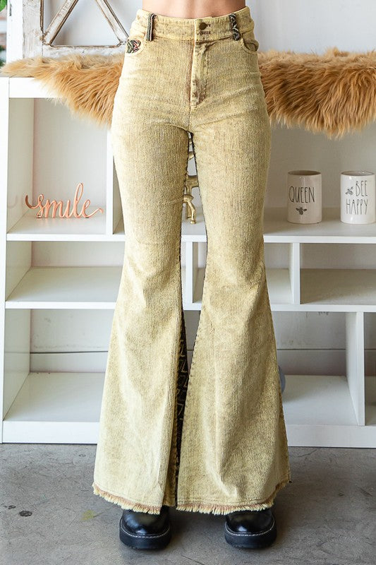 WASHED AZTEC PATTERN BELL BOTTOM CORDUROY PANTS