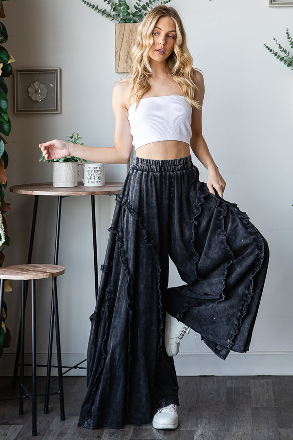 RUFFLE DETAIL WIDE LEG FLARE PANTS