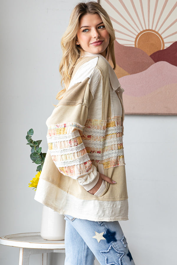 WASHED MIXED FABRIC BUTTON COLLAR LONG SLEEVE TOP