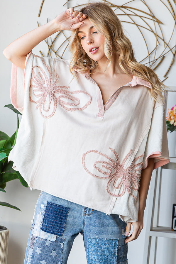 WASHED BUTTERFLY PATCHWORK HENLEY NECK KNIT TOP