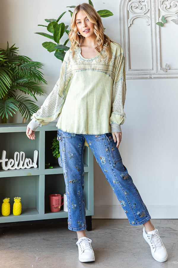 WASHED LACE CONTRAST YOKE LONG SLEEVE TOP