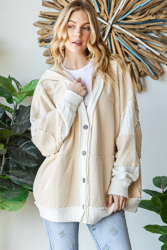 WASHED COLORBLOCK MIX MEDIA HOODED CARDIGAN