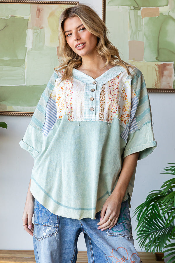 WASHED PRINTED HALF PLACKET HENLEY NECK SHIRT